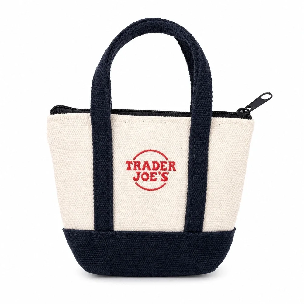 Trader Joe's Mini Canvas Tote Bag Coin Purse Navy Blue Cream Small Zipper Pouch